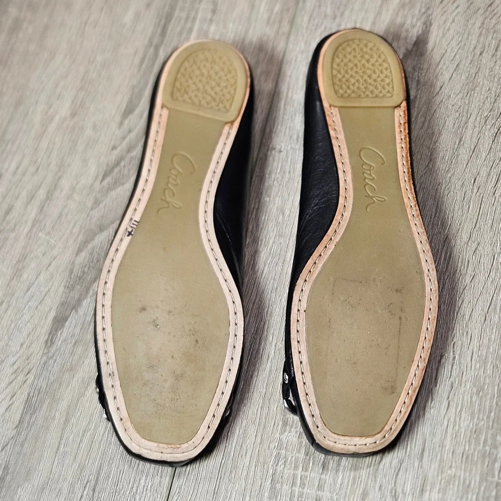 Coach Black Leather Square Toe Ballet Flats Silver Chain Link Buckle Detail 7.5B